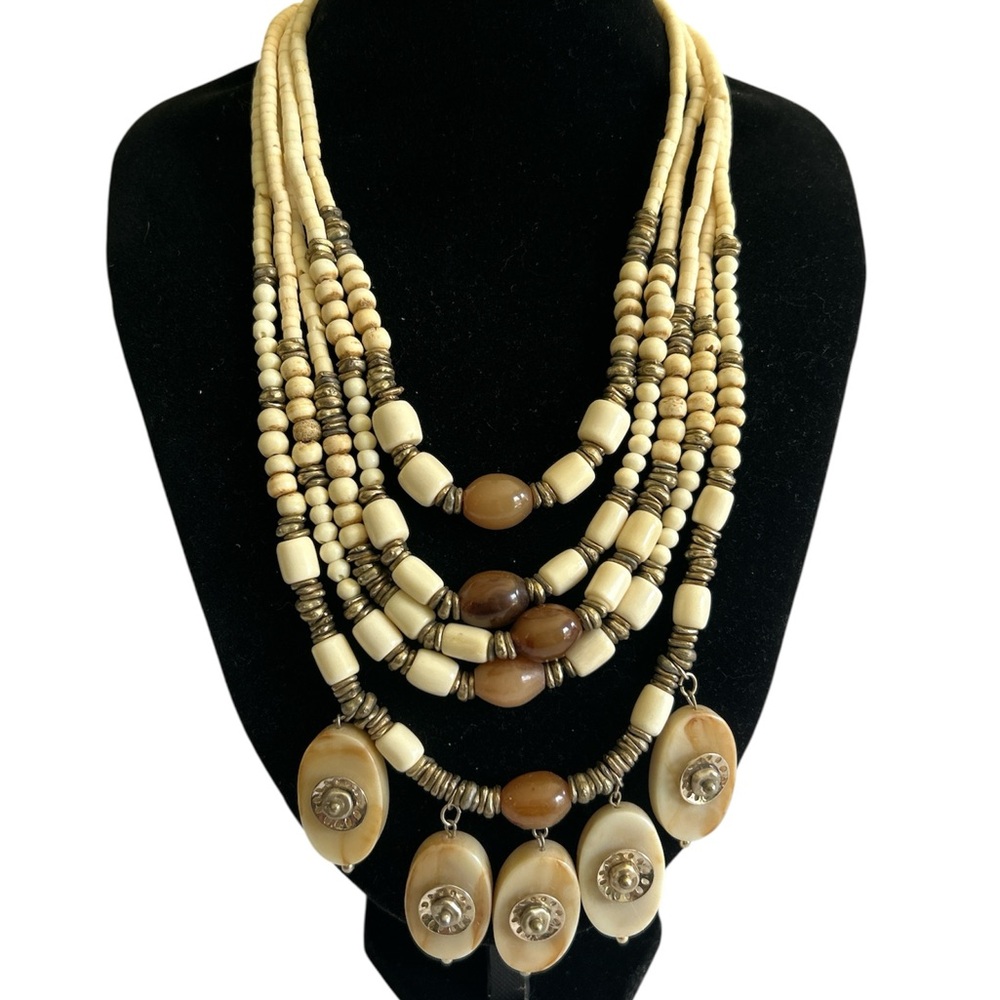 Chico's Gold Tone Cream and Brown Multi Beaded Elegant Design Necklace